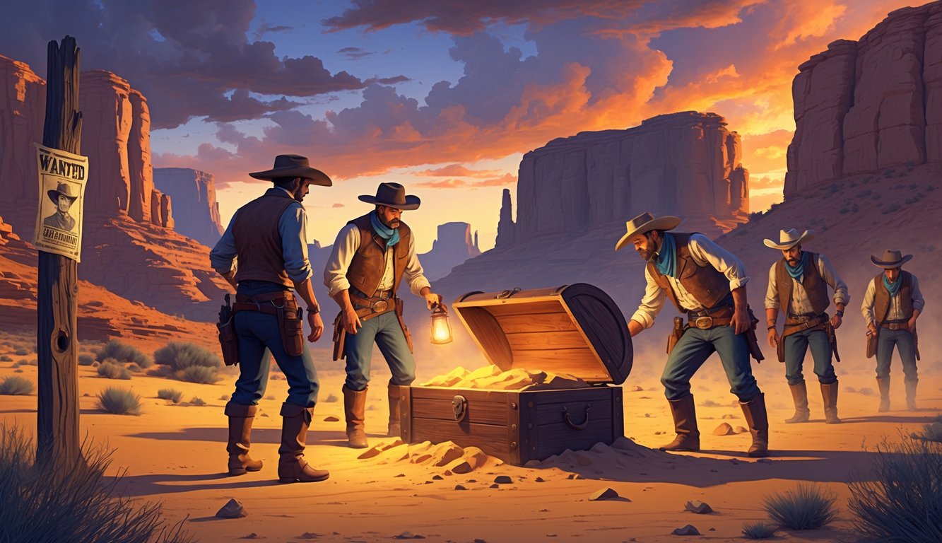 A group of explorers in Old West clothing uncover a glowing treasure chest in a desert landscape with rocky formations and a sunset sky.