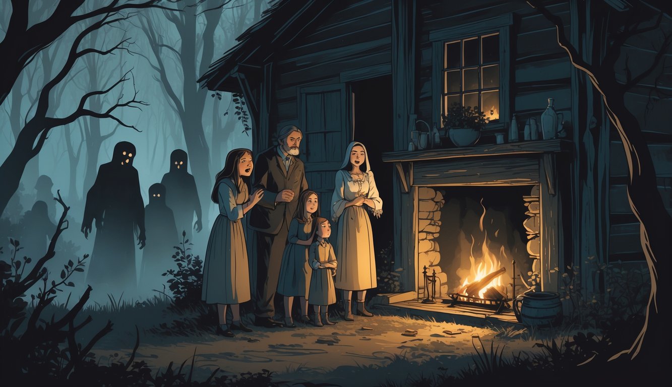 A 19th-century family inside a rustic cabin looking fearful, surrounded by dark woods and ghostly shadows outside.
