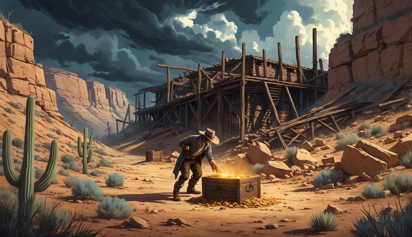 An abandoned gold mine in rugged desert terrain with rocky cliffs and dry plants. A lone outlaw discovers a glowing treasure chest near the mine entrance under a cloudy sky.