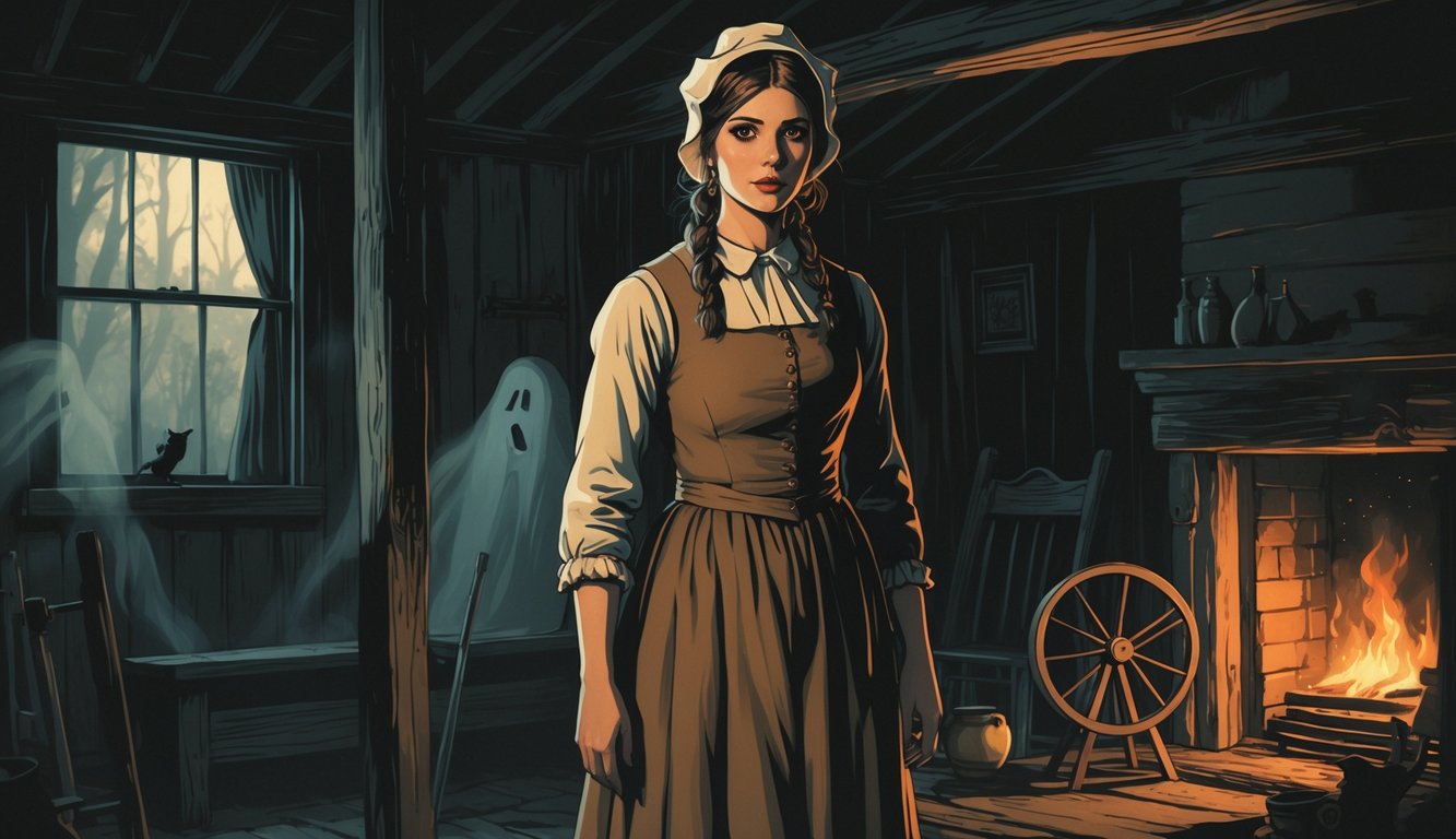 A young woman in early 19th century clothing stands inside a rustic wooden farmhouse, surrounded by faint ghostly shadows and dim candlelight.