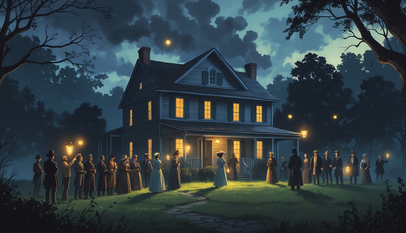 A historic Tennessee farmhouse at dusk with ghostly figures nearby and a group of 19th-century townspeople gathered outside holding lanterns.