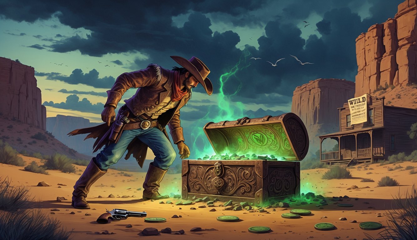 An outlaw uncovers a glowing treasure chest buried in a desert near an old Western town at twilight.