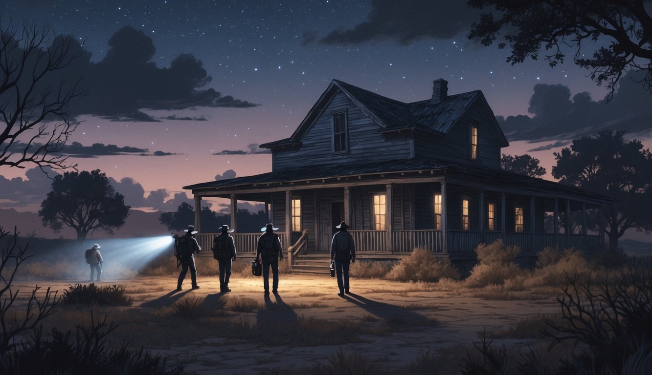 Investigators exploring an old wooden ranch house at dusk in a dry Texas landscape with faint ghostly figures nearby.