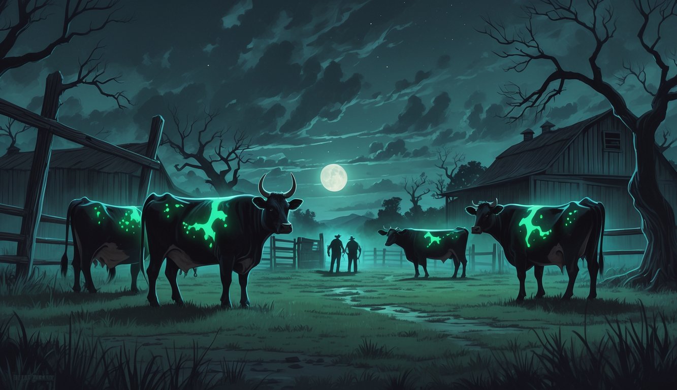 A dark ranch at twilight with mutated cattle showing extra limbs and glowing eyes, surrounded by old barns and leafless trees, while investigators explore the area with flashlights.