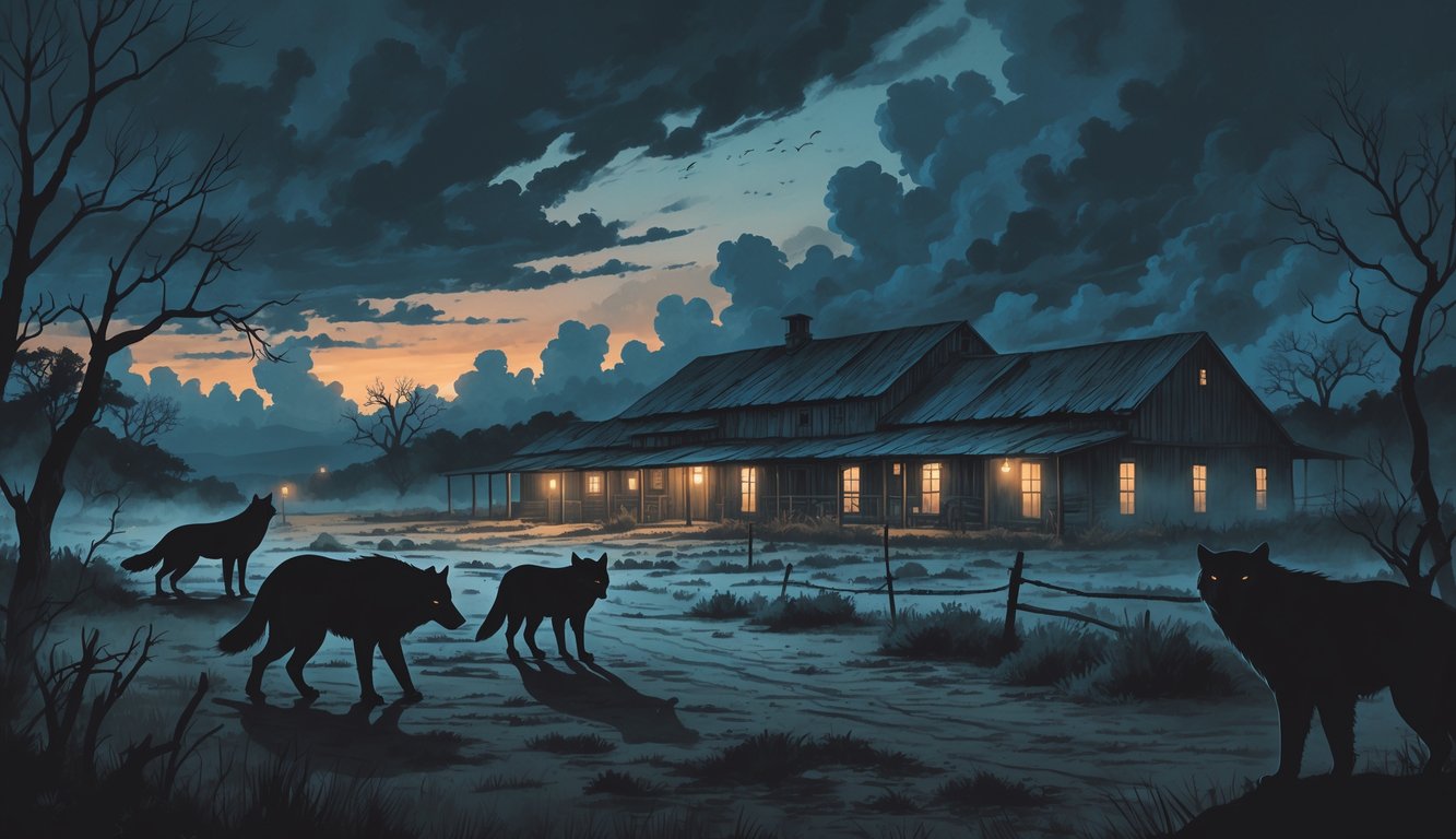 A dark, eerie Texas ranch at dusk with shadowy animal figures and ghostly shapes near old buildings surrounded by dry vegetation and mist.