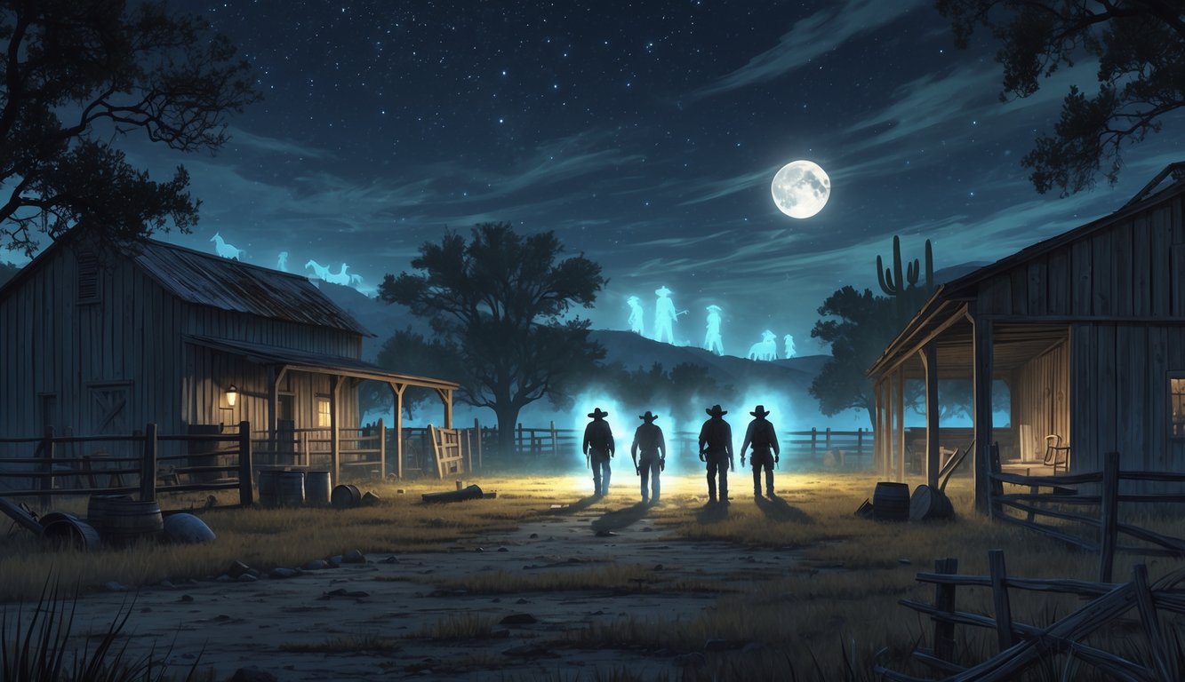 Nighttime scene of a Texas ranch with investigators exploring among old barns and fences, surrounded by faint ghostly figures and mist.