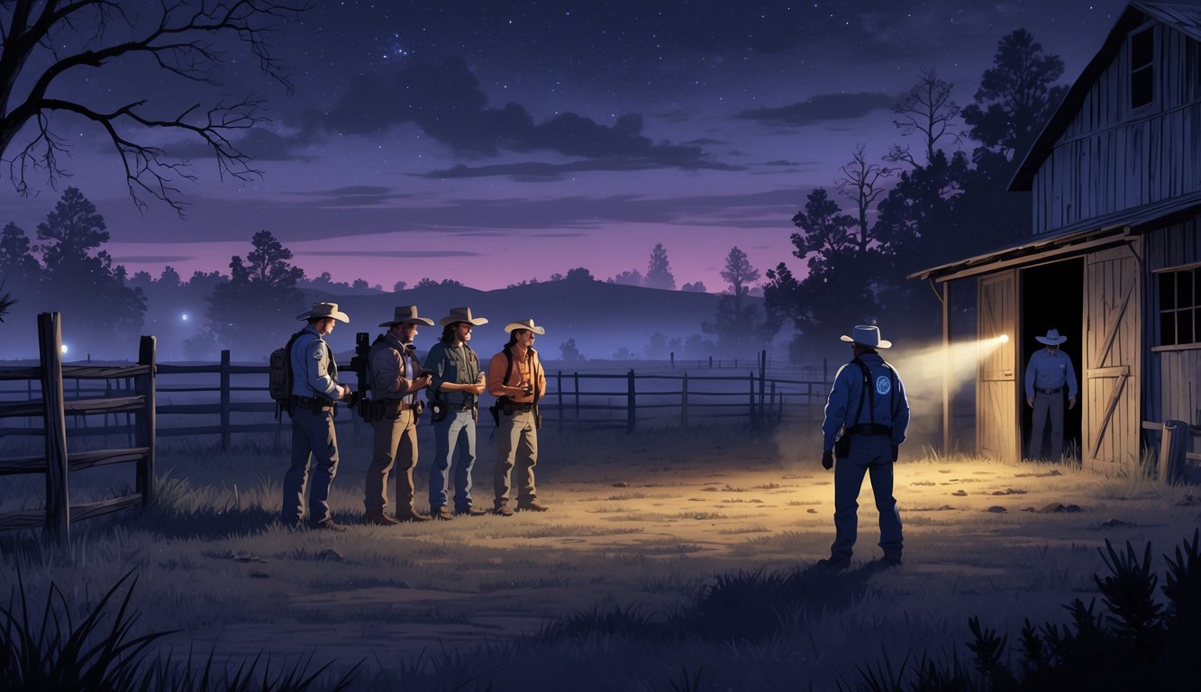 Investigators at a rural Texas ranch at twilight examining the area with flashlights near old barns and fences, with faint ghostly lights and shadowy figures suggesting a haunted scene.