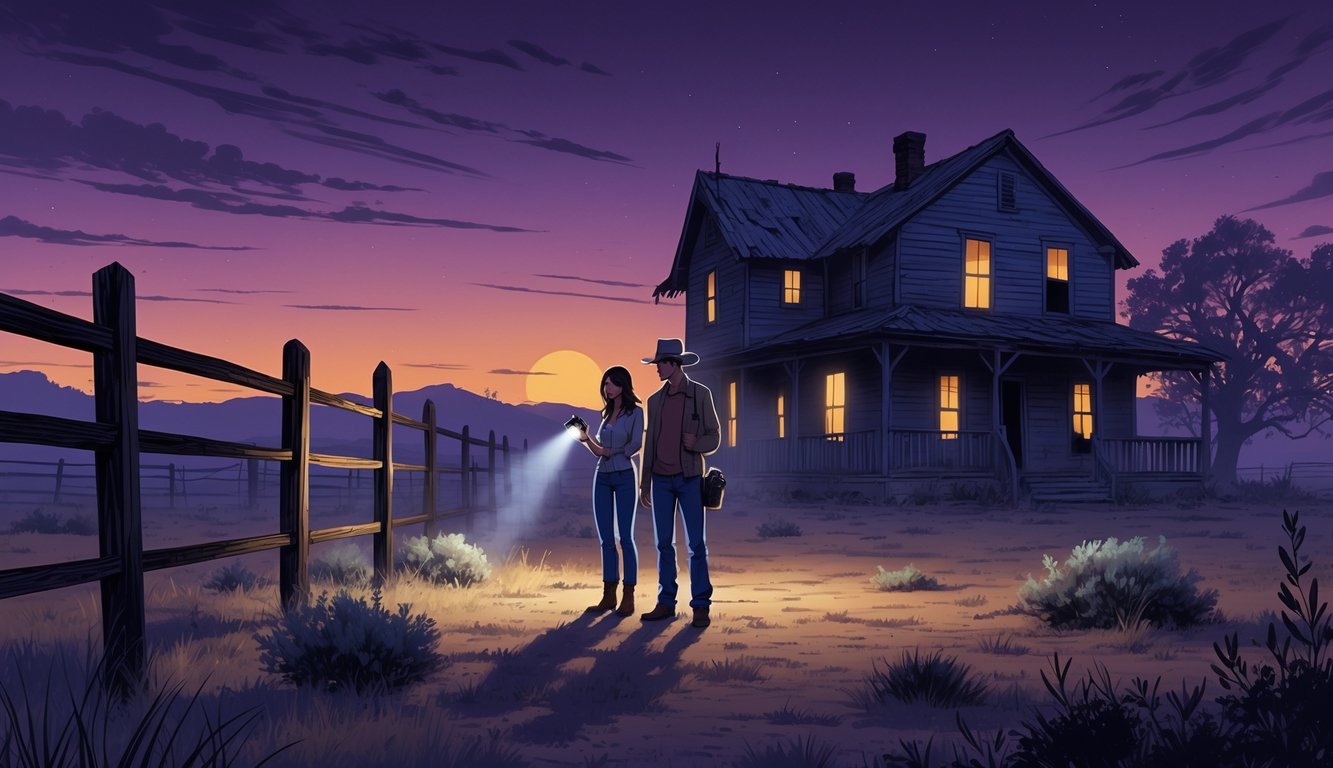 Two people stand at the edge of an old ranch in Texas at twilight, with a weathered house and misty surroundings suggesting a haunted atmosphere.