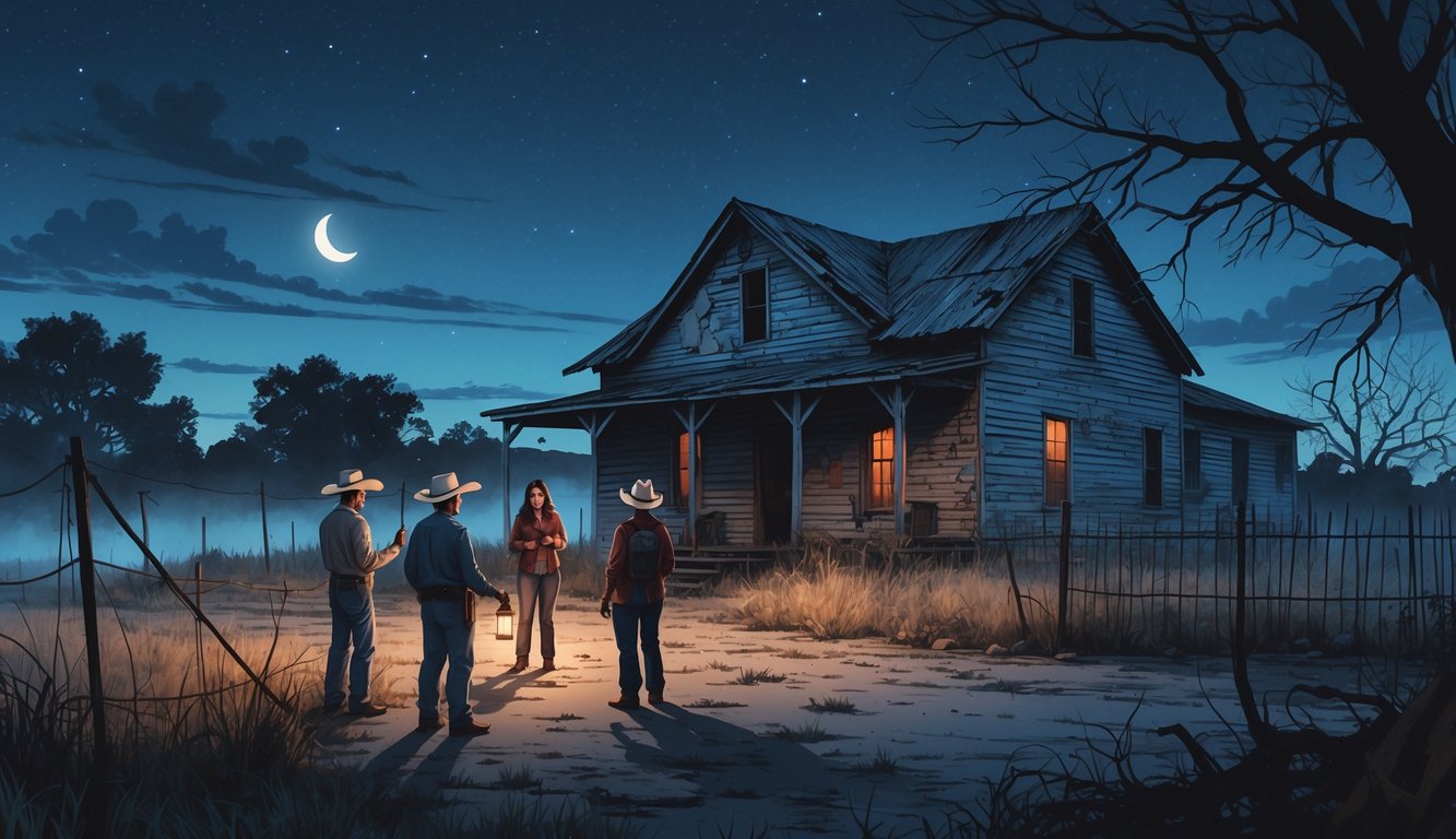 A group of local people gathered near an old, rundown ranch house at twilight, with fog and faint ghostly shapes around the building.