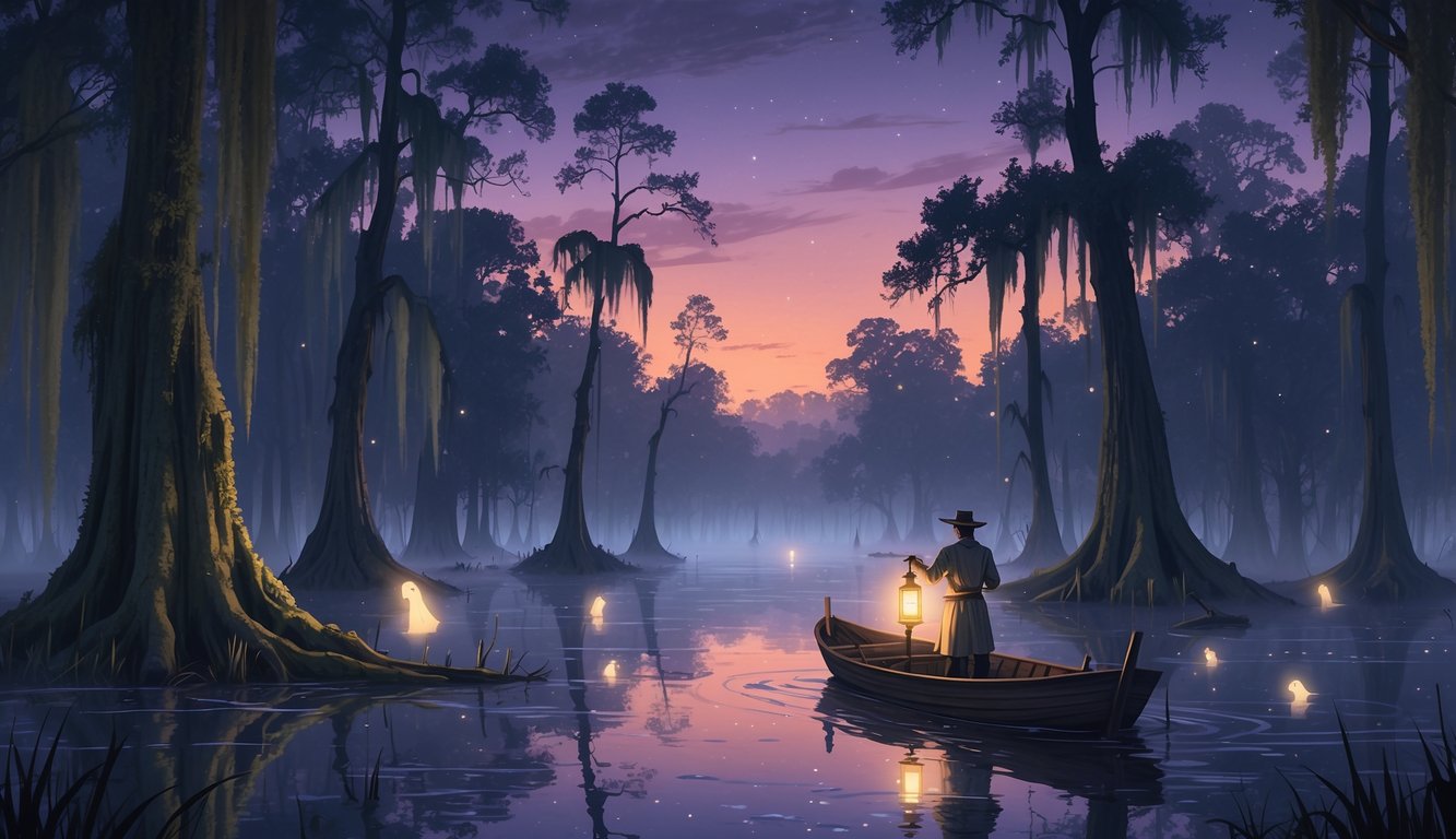 A lone person in a small boat searches for ghosts in a foggy Louisiana swamp surrounded by moss-covered cypress trees and glowing ghostly figures.