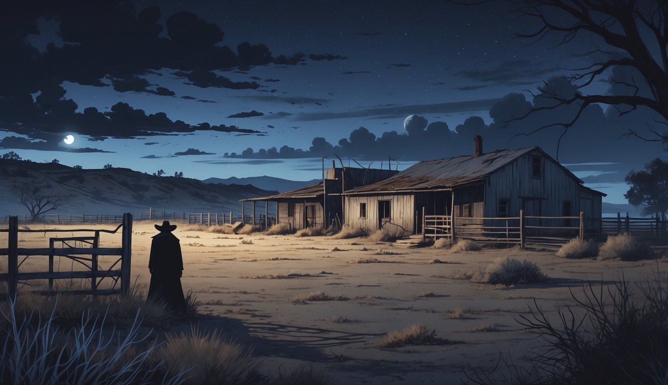 An abandoned ranch in Texas at twilight with old buildings, broken fences, and a faint ghostly figure near a corral surrounded by dry landscape and hills.