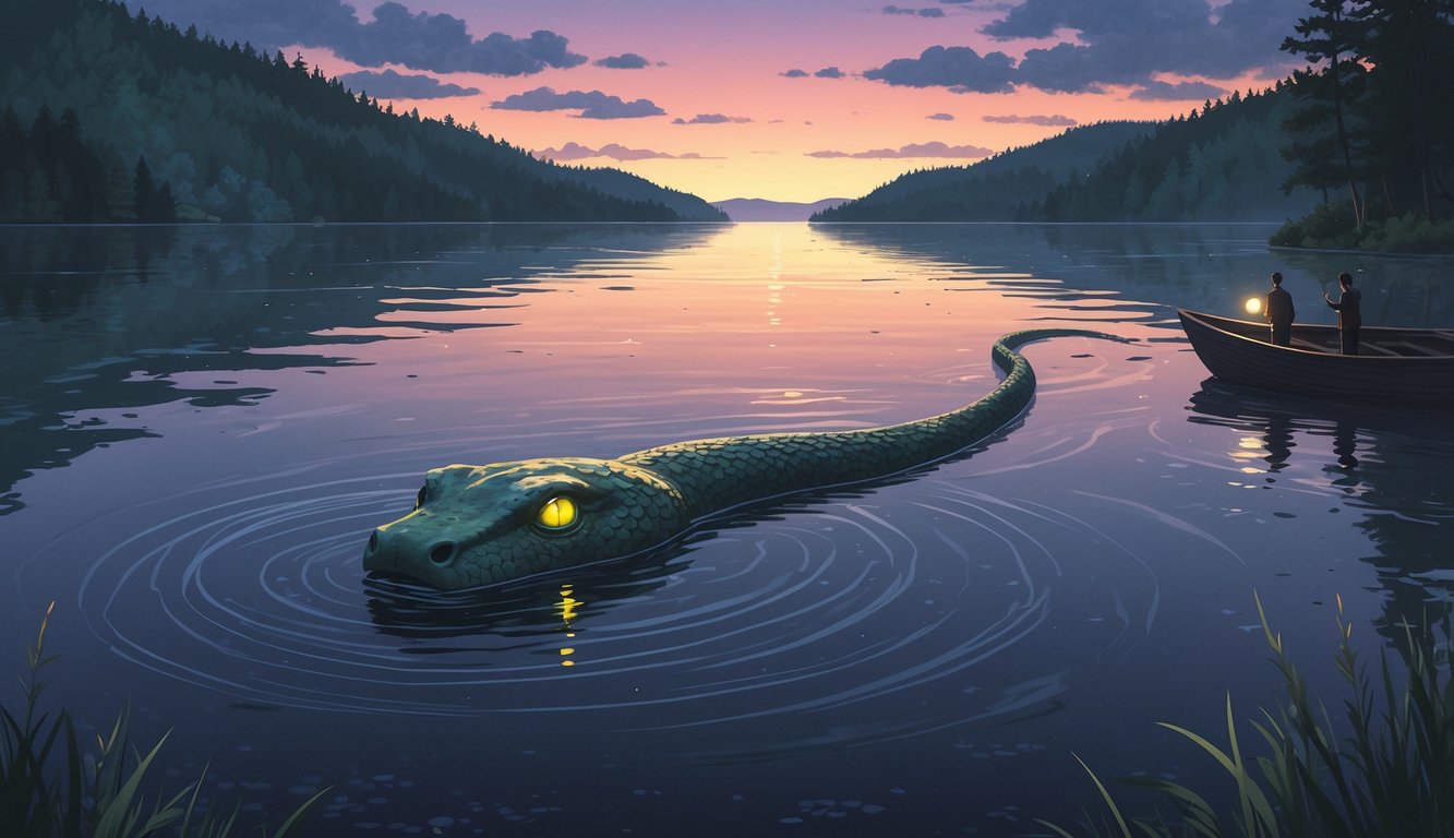 A lake at sunset with a large serpent-like creature partially visible in the water near a small boat with two people holding flashlights, surrounded by forested hills.