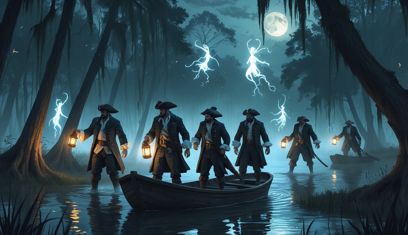 Pirates in a small boat searching for glowing ghostly figures among moss-covered trees and fog in a swamp.
