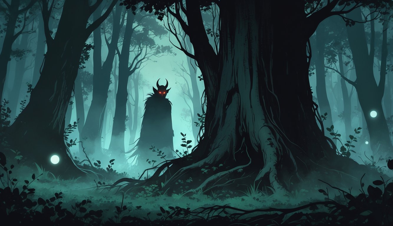 A dark forest at twilight with a faint glowing devil figure partially hidden behind a tree, surrounded by mist and floating paranormal lights.