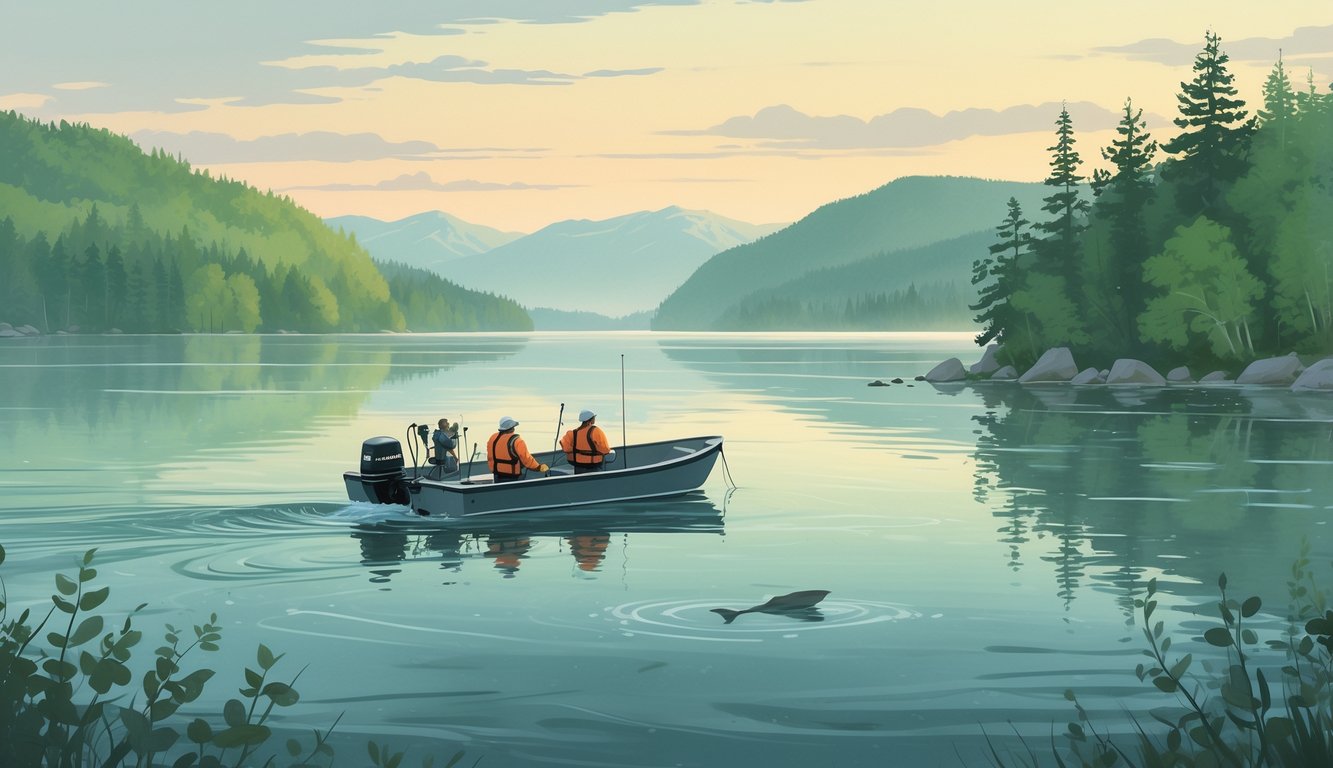 Scientists in a boat on a calm lake surrounded by forests and mountains, using equipment to search the water where a mysterious shadow is visible beneath the surface.