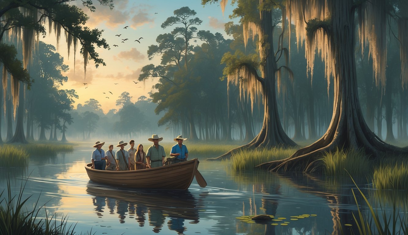 A boat with tourists and a guide navigating a misty Louisiana swamp surrounded by cypress trees and wildlife, with faint ghostly shapes visible in the background.