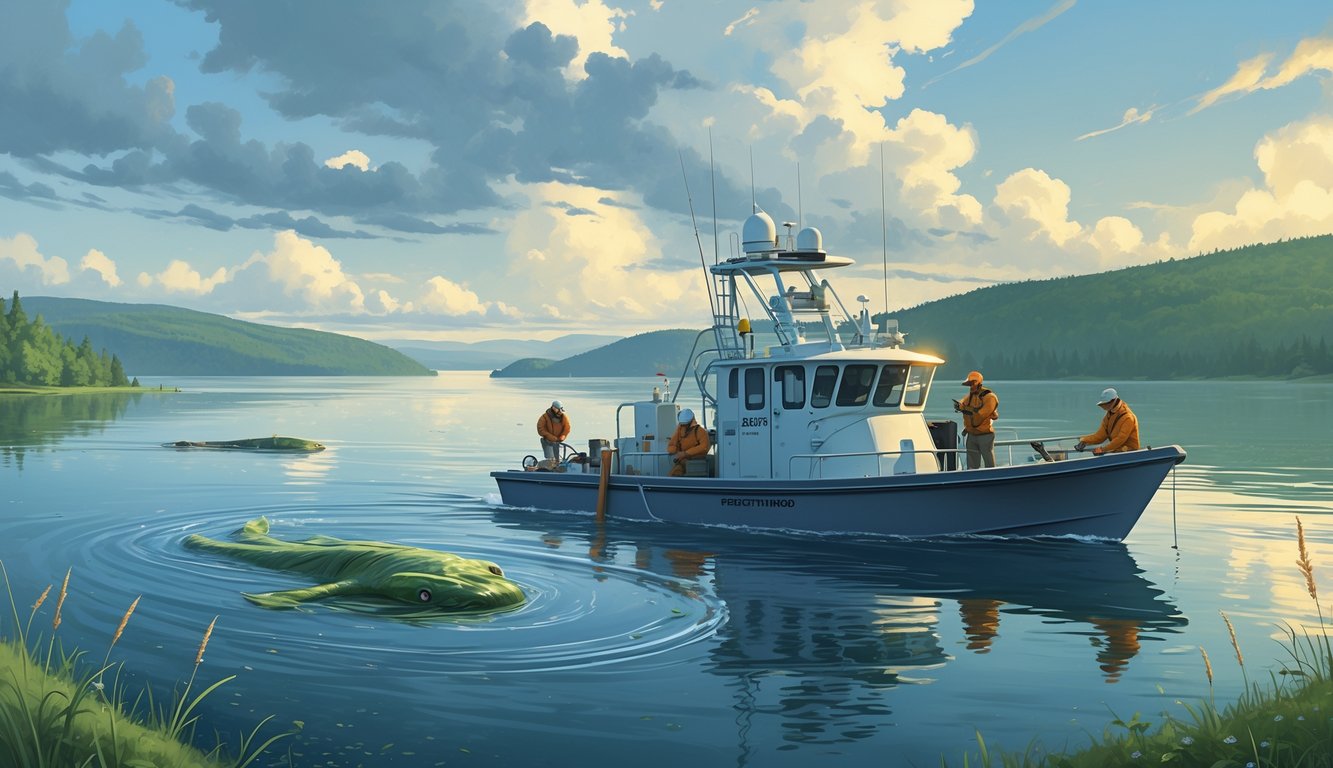 Researchers on a boat in Lake Champlain using scientific equipment to search the water, with trees and hills in the background and ripples suggesting a large creature beneath the surface.