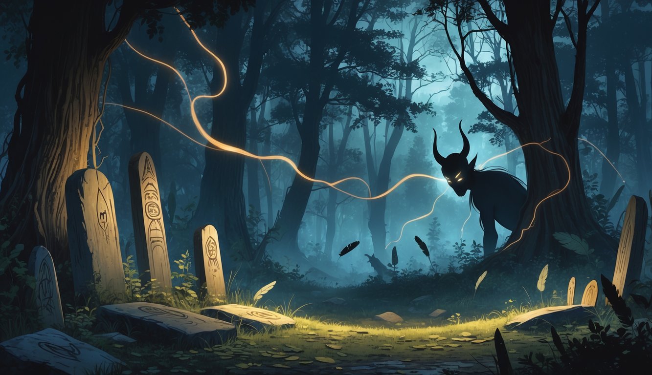A dark forest with old trees, Native American burial markers, glowing spiritual energy, and a shadowy devil-like figure among the trees.