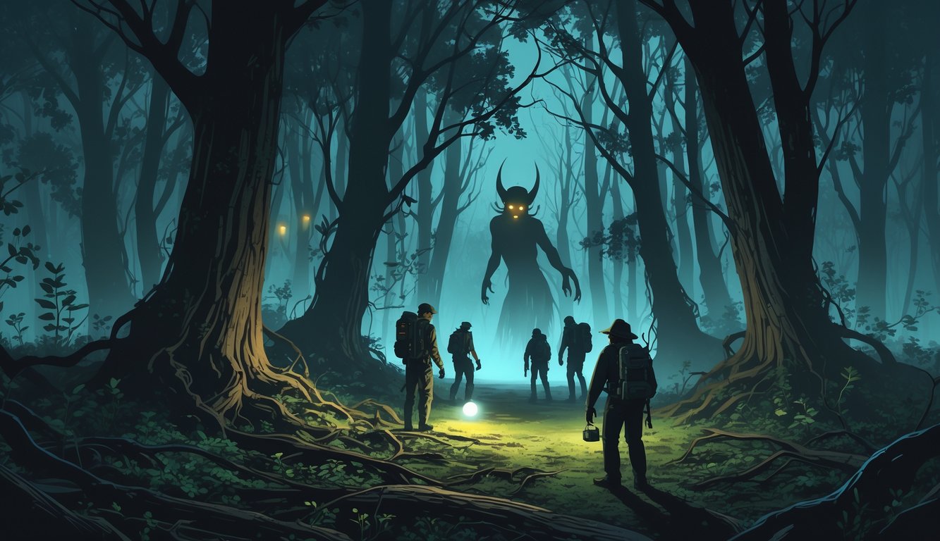 A group of explorers with flashlights carefully walking through a dense, foggy forest at twilight while a shadowy figure watches from behind the trees.