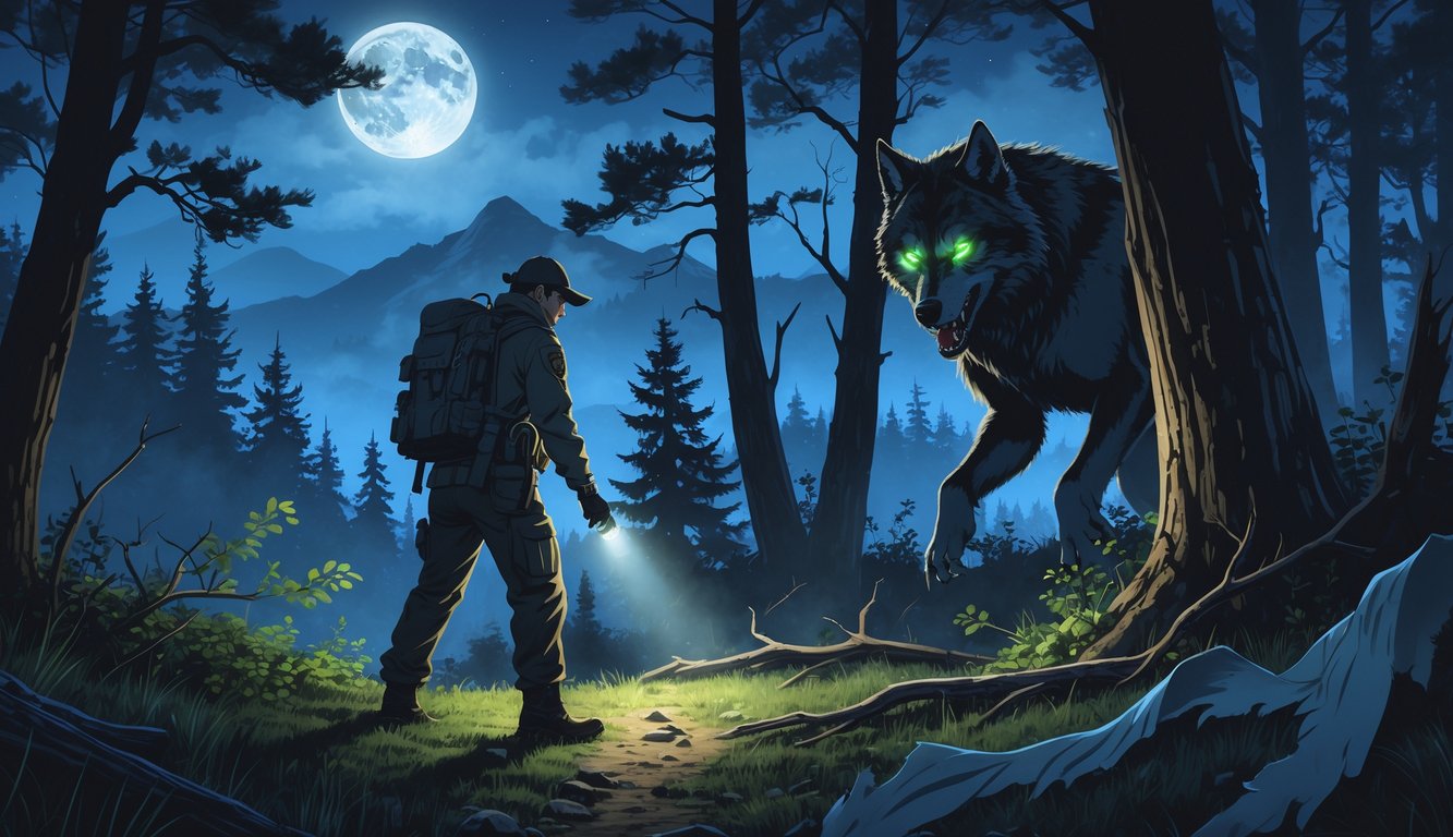An investigator in outdoor gear shines a flashlight in a dark forest while a large werewolf hides behind trees under a full moon.