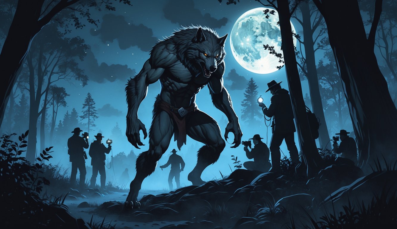 A werewolf partially transformed stands in a dark forest at night while investigators watch cautiously from behind trees and rocks under a full moon.