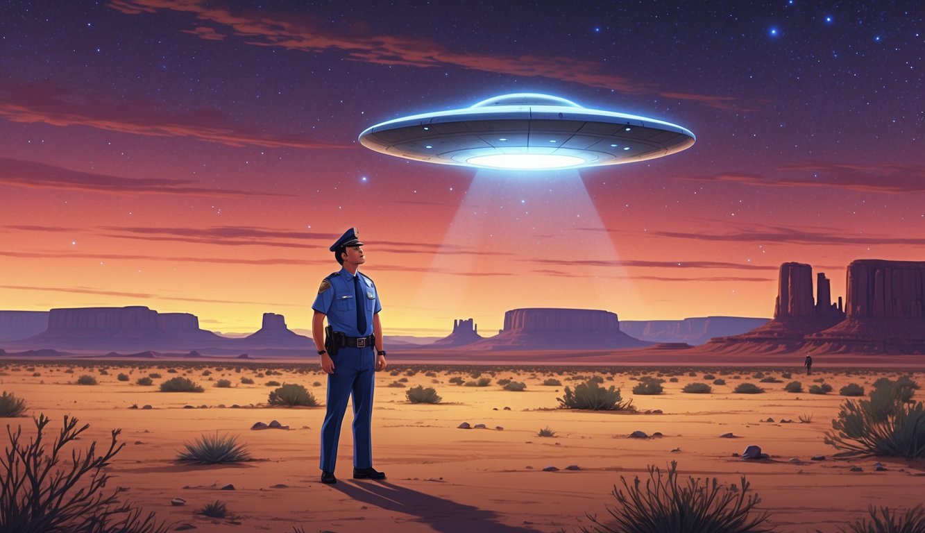 A police officer in a desert at dusk looking up at a glowing flying saucer hovering low above the ground with mesas in the background.