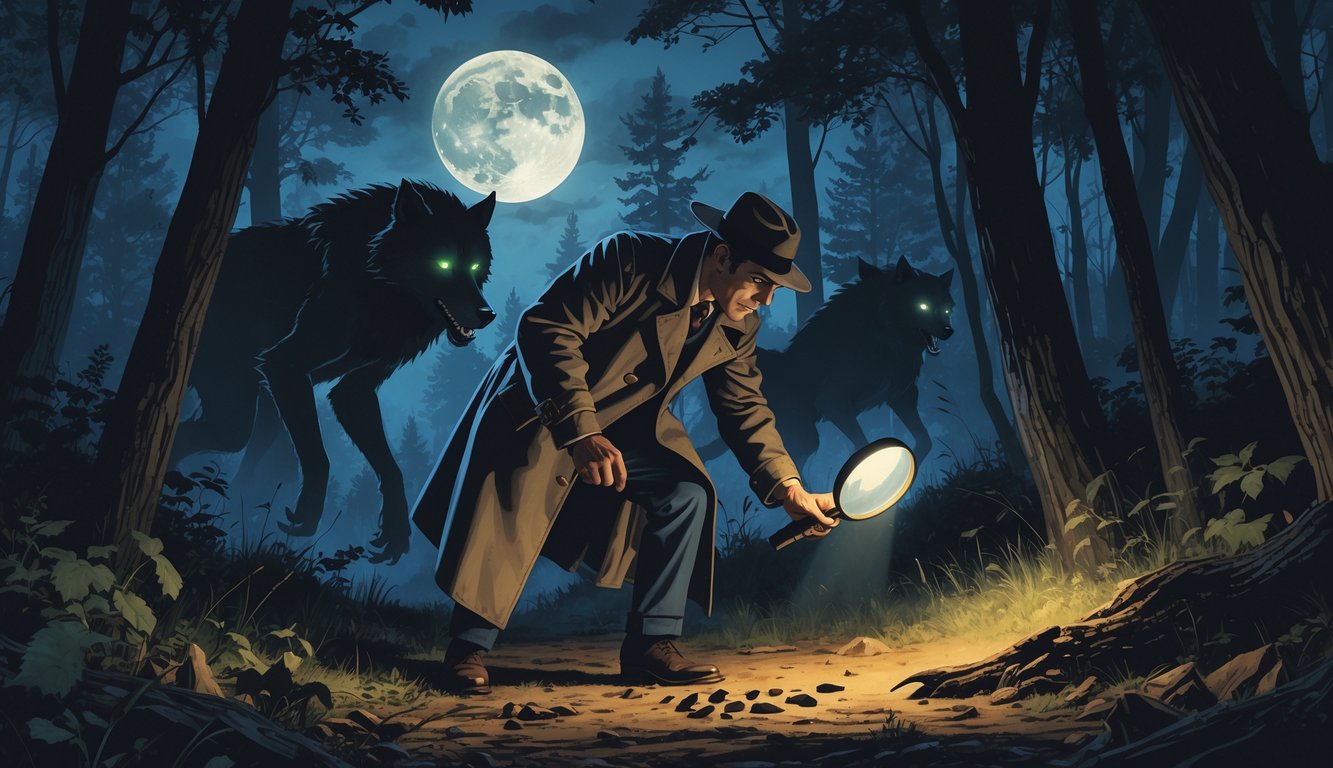 An investigator in a trench coat examines large wolf-like footprints in a dark forest at night while a werewolf figure watches from the shadows.
