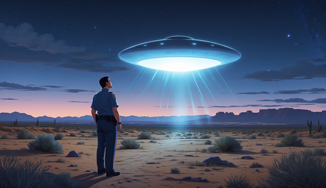A police officer in a desert looks up at a glowing UFO hovering low near the ground with disturbed soil and sparse vegetation around, mountains and a twilight sky in the background.