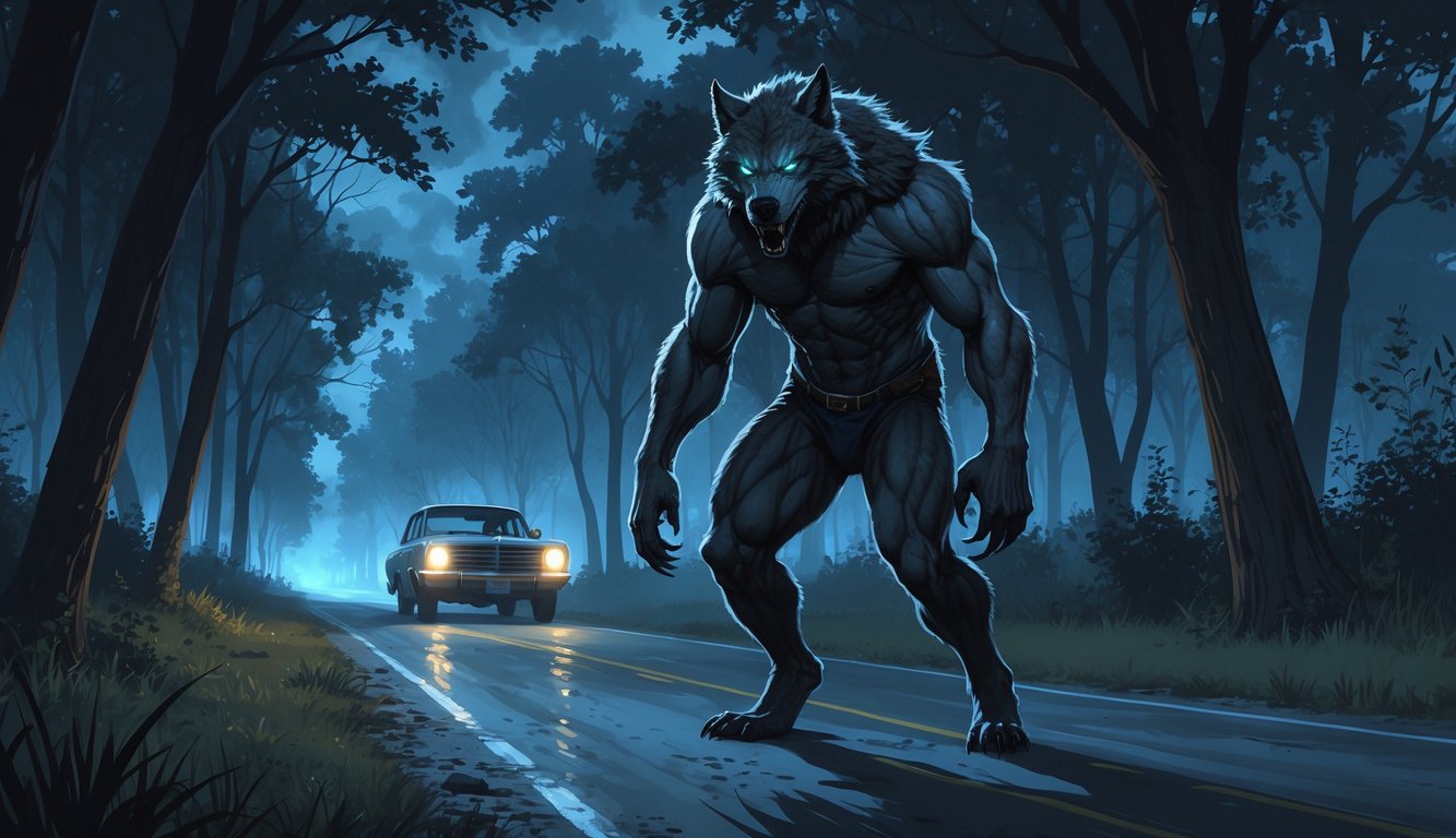 A large humanoid werewolf with glowing eyes stands on a misty wooded road at twilight, partially hidden among trees, with a car parked nearby.