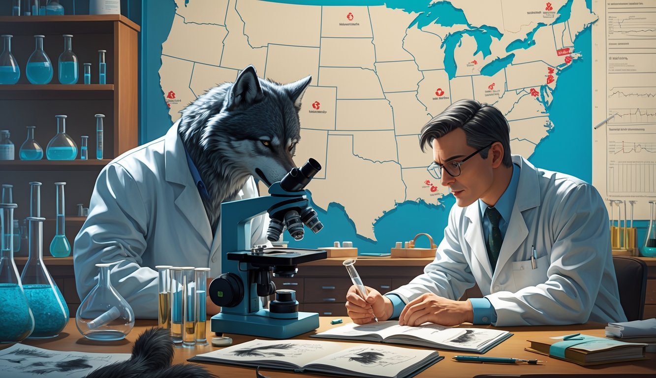 A scientist examines fur samples under a microscope in a lab with a map of the U.S. showing werewolf sighting locations, while a psychologist reviews notes nearby.