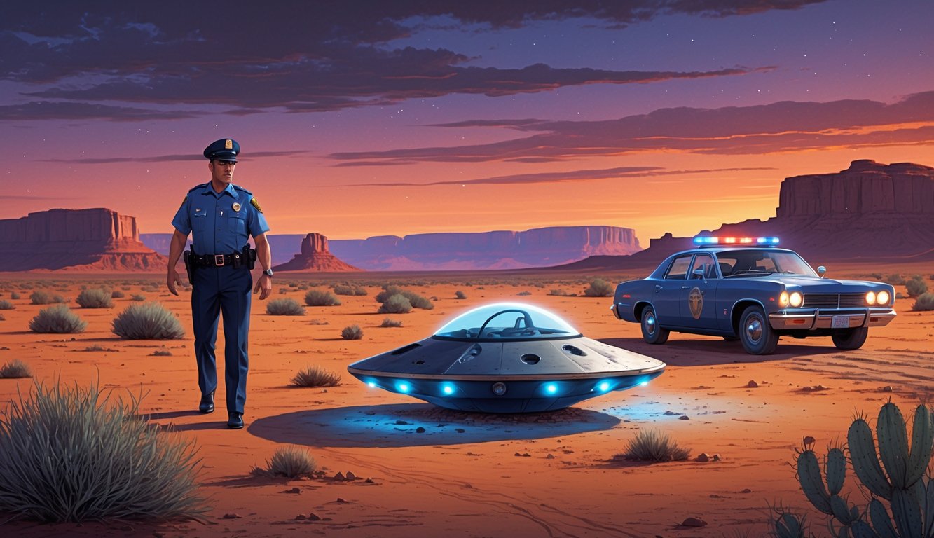 A police officer approaches a small flying saucer resting on the desert ground near a police car at dusk in a remote New Mexico landscape.