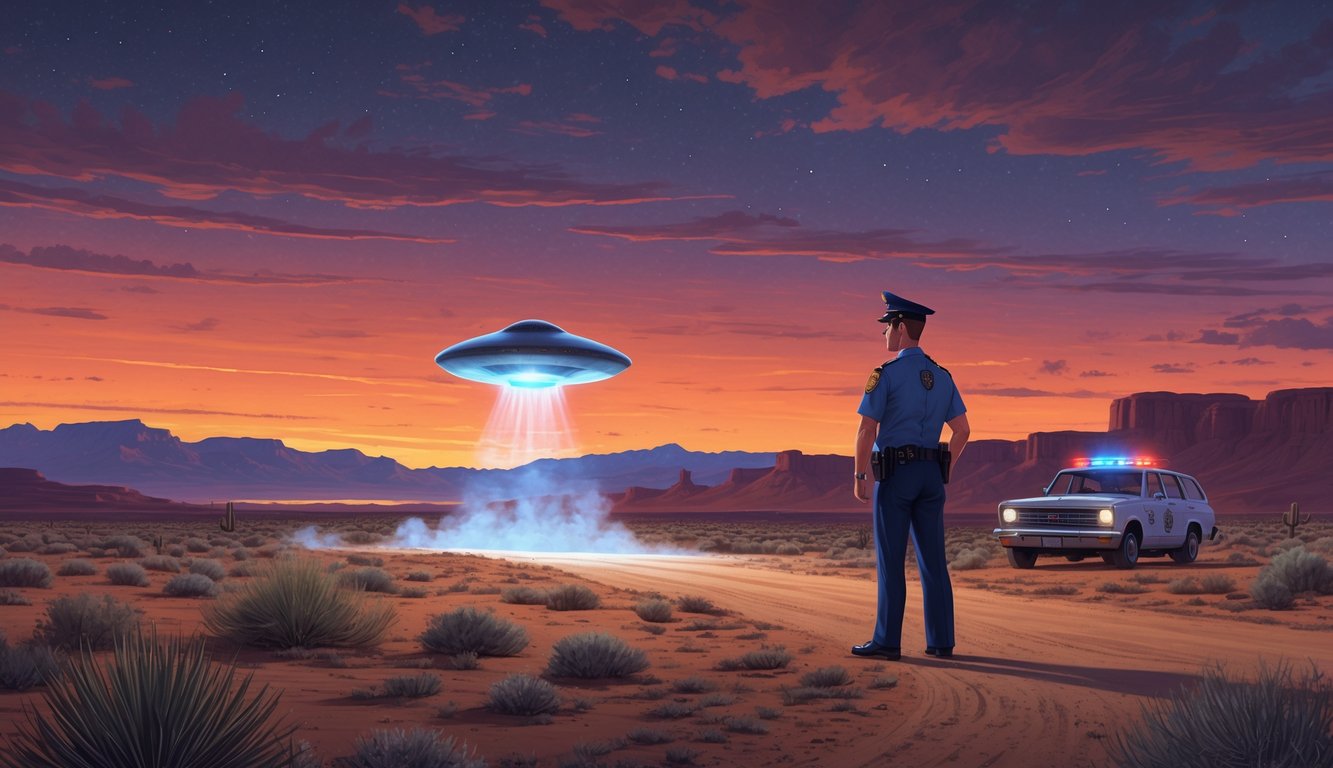 A police officer in 1960s uniform stands in a New Mexico desert at dusk, looking at a small glowing UFO hovering above the ground near sparse vegetation and distant mountains.