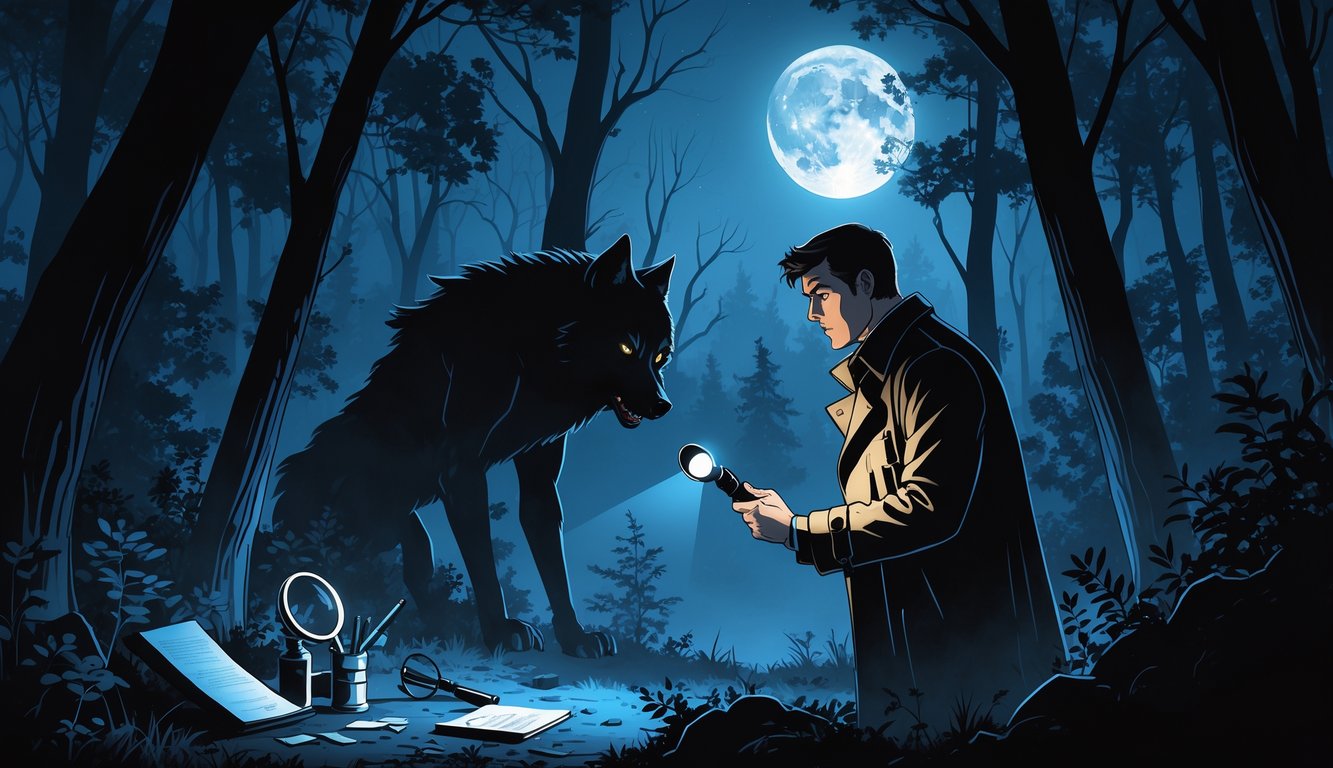 A person investigating a shadowy werewolf figure in a dark forest at night, examining clues with a flashlight and notebook.