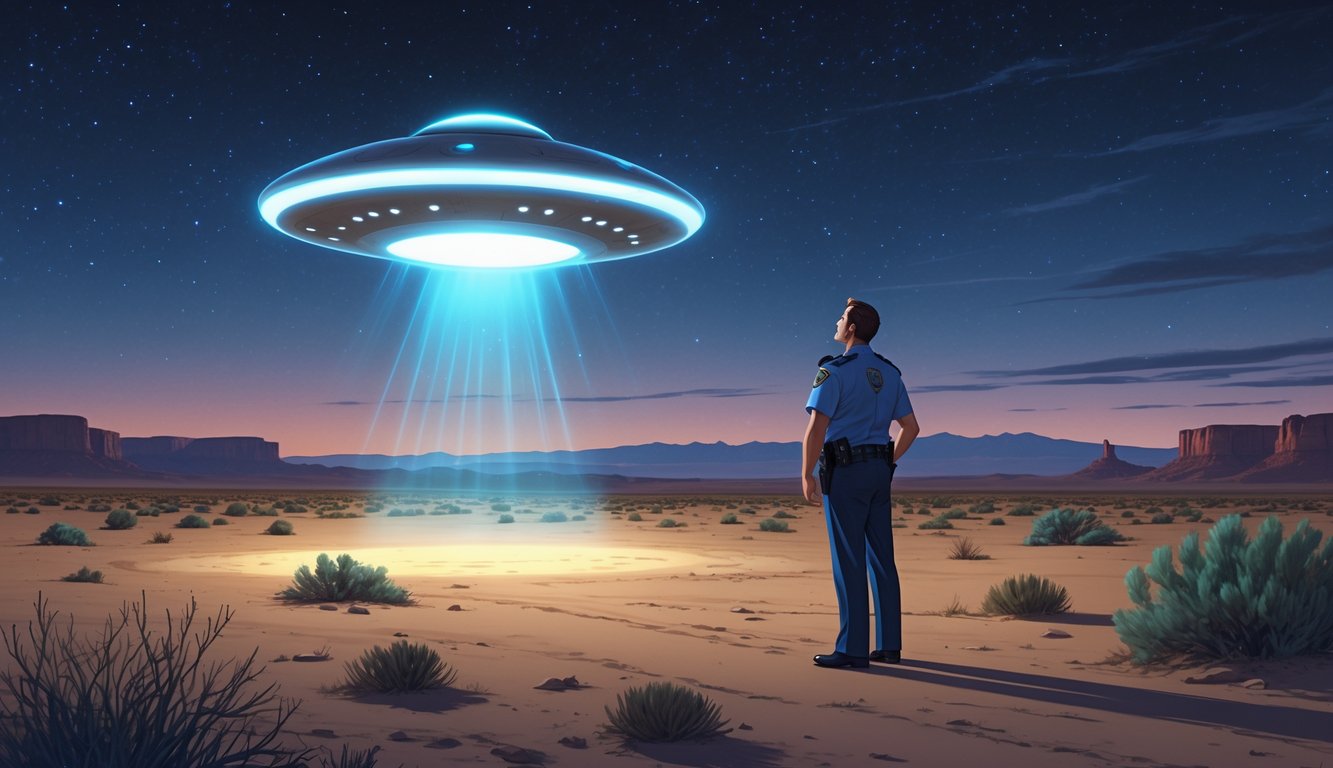 A police officer in 1960s uniform looks up at a glowing egg-shaped UFO hovering low over a desert landscape at dusk with mountains in the background.
