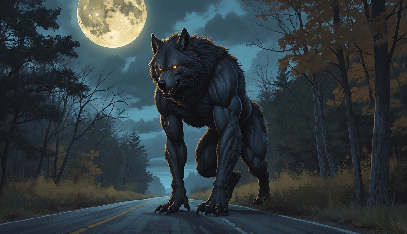 A large werewolf-like creature with glowing eyes stands partially hidden among trees on a misty rural road at dusk with a full moon in the sky.
