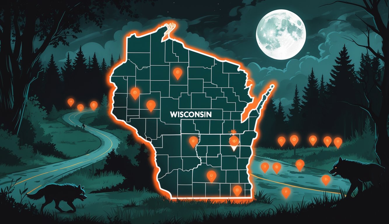 Map of Wisconsin showing highlighted locations with dark forests, a full moon, mist, and a shadowy werewolf figure near rural roads.
