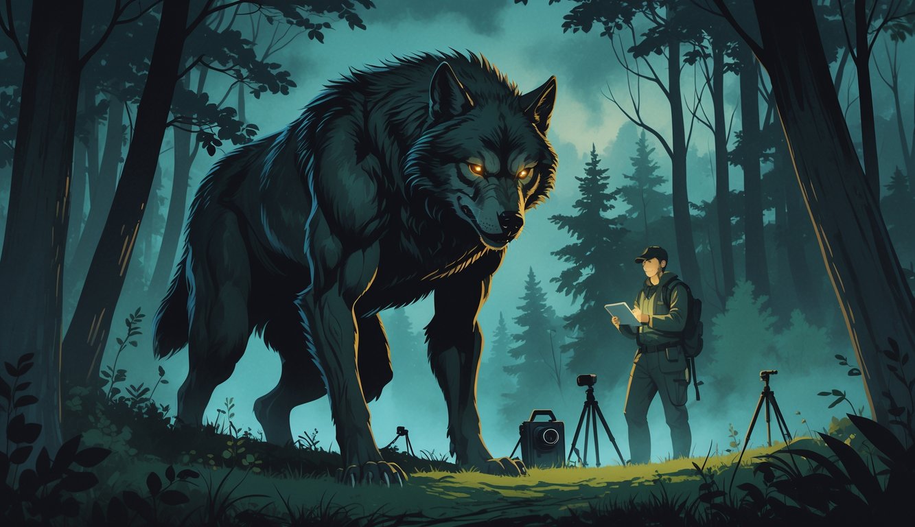 A large werewolf-like creature stands in a misty Wisconsin forest at dusk while a researcher observes it from a distance with scientific equipment nearby.