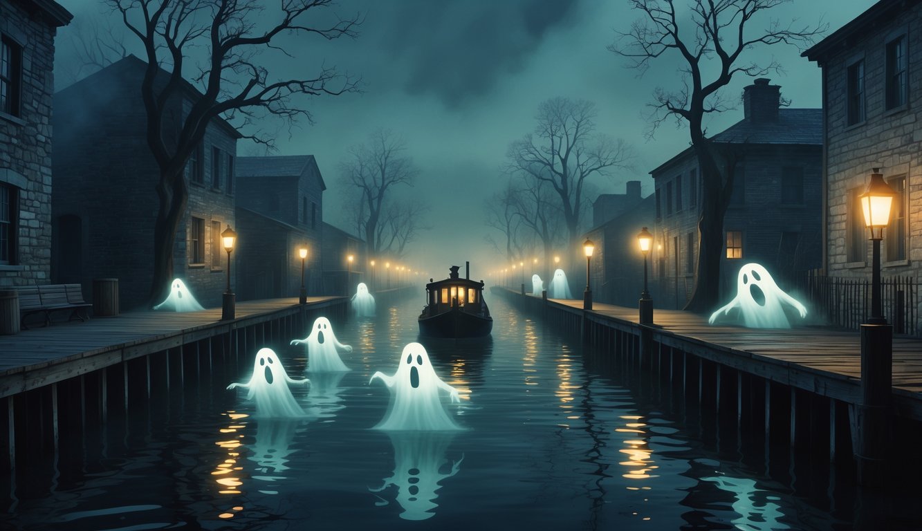 Ghostly figures hovering over a misty Erie Canal at night, with old docks, stone buildings, and a faint silhouette of a canal boat in the background.