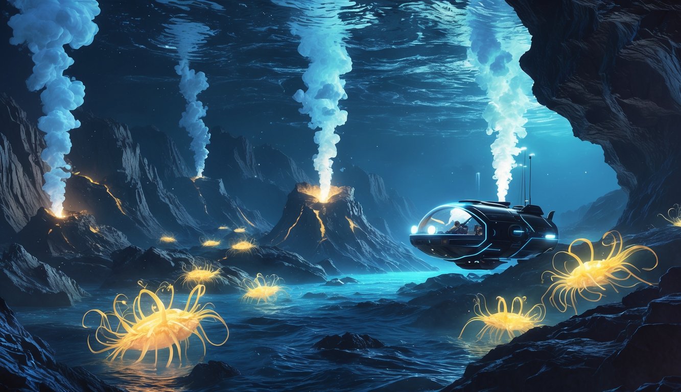 A deep underwater scene showing volcanic ridges with glowing vents, strange glowing alien creatures swimming, and a futuristic submersible exploring the area.