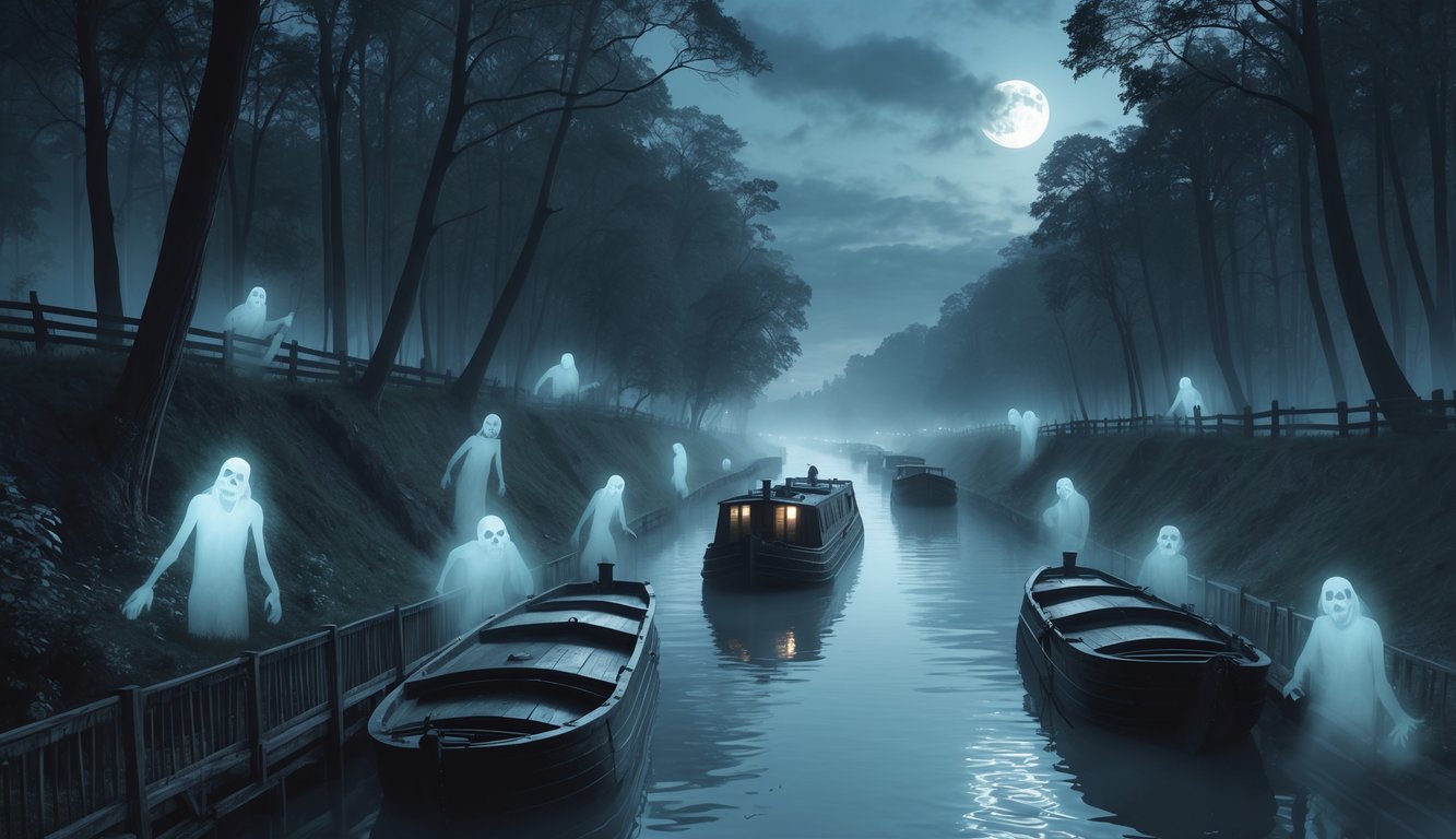 A misty canal at twilight with ghostly figures of old canal workers and boats along the water surrounded by tall trees.