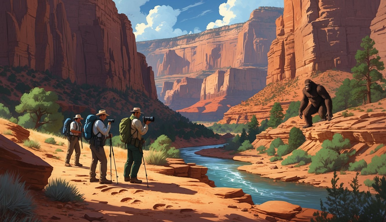 A group of investigators exploring the Grand Canyon, examining large footprints, with a large ape-like figure partially hidden among the rocks in the background.