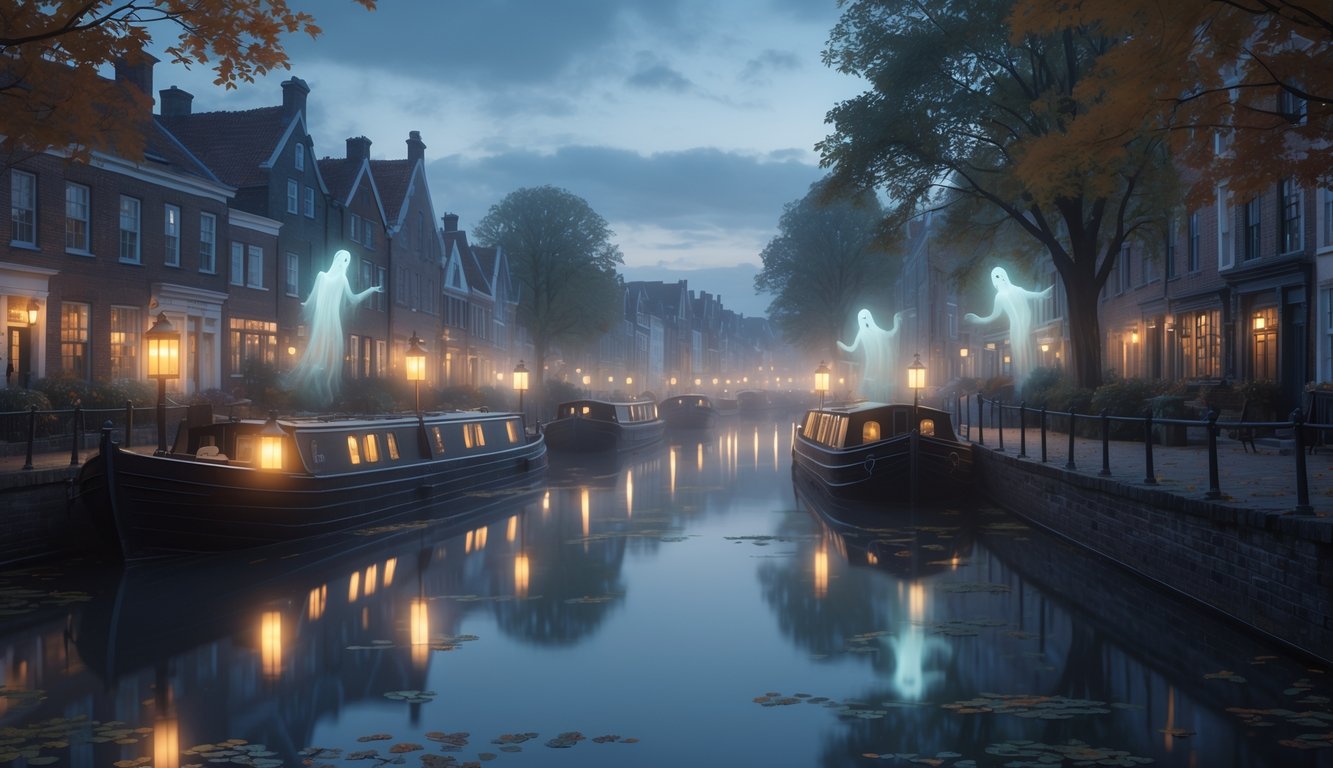 A calm Erie Canal at twilight with historic buildings along the banks and faint ghostly figures hovering above the water.