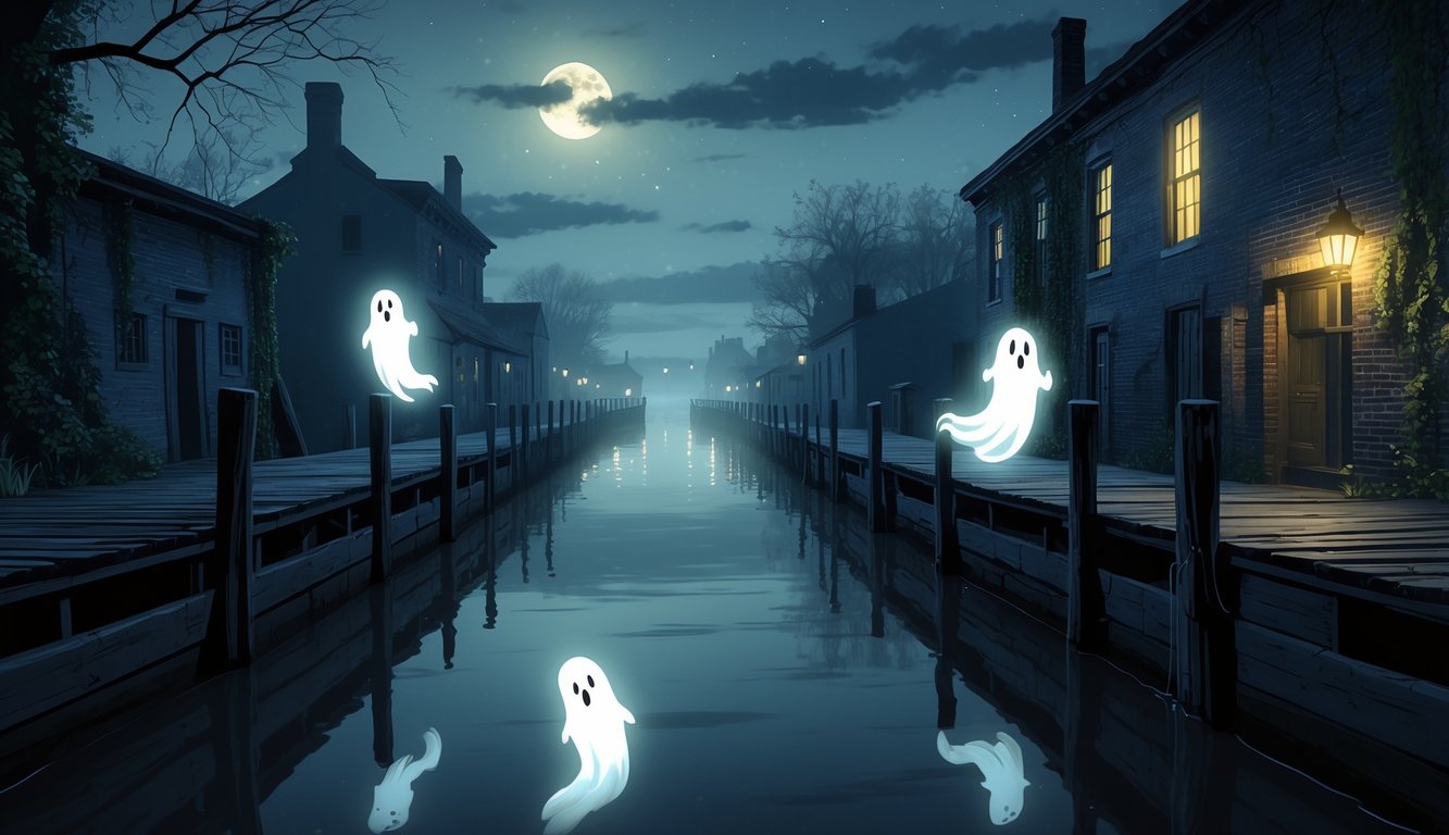 A nighttime scene of the Erie Canal with glowing ghostly figures hovering over the water near docks and old buildings under a misty moonlit sky.