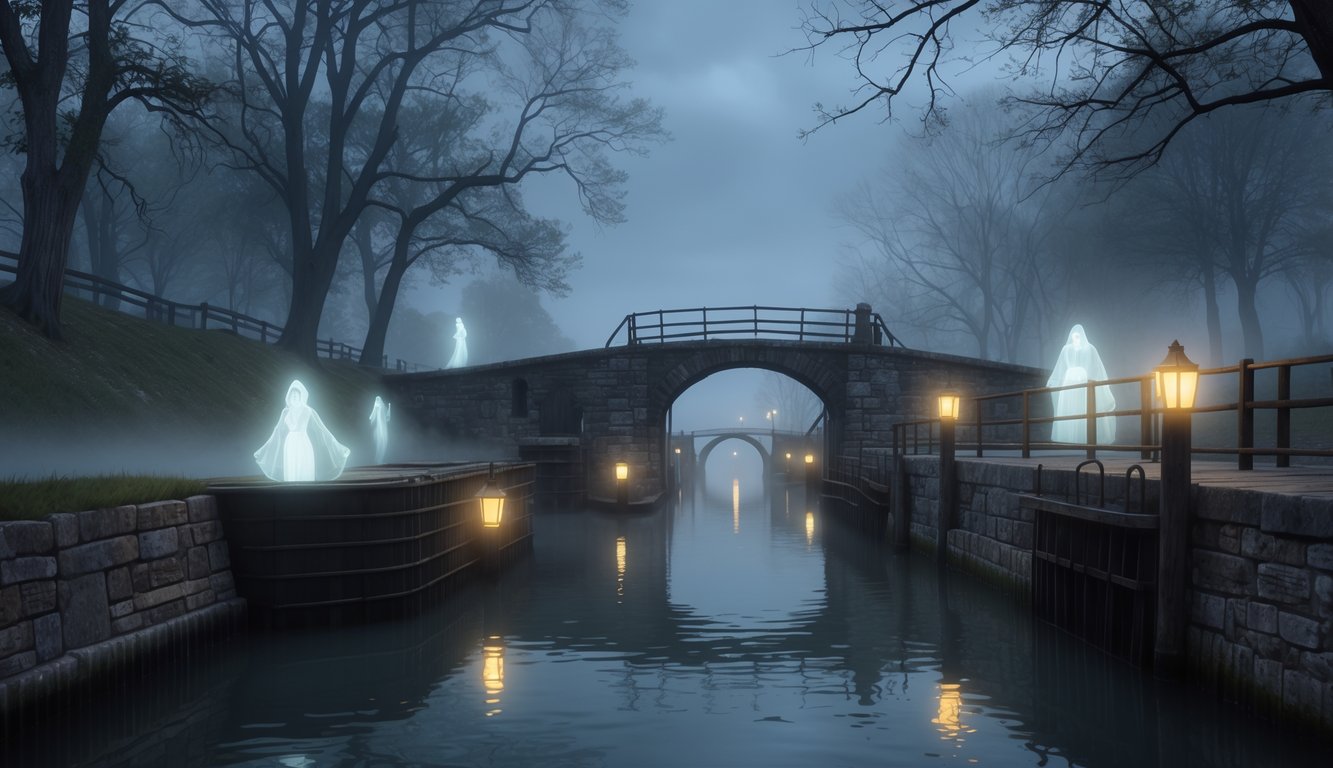A misty evening scene along the Erie Canal with old canal locks, stone bridges, ghostly figures near the water, lanterns glowing, and bare trees surrounding the area.