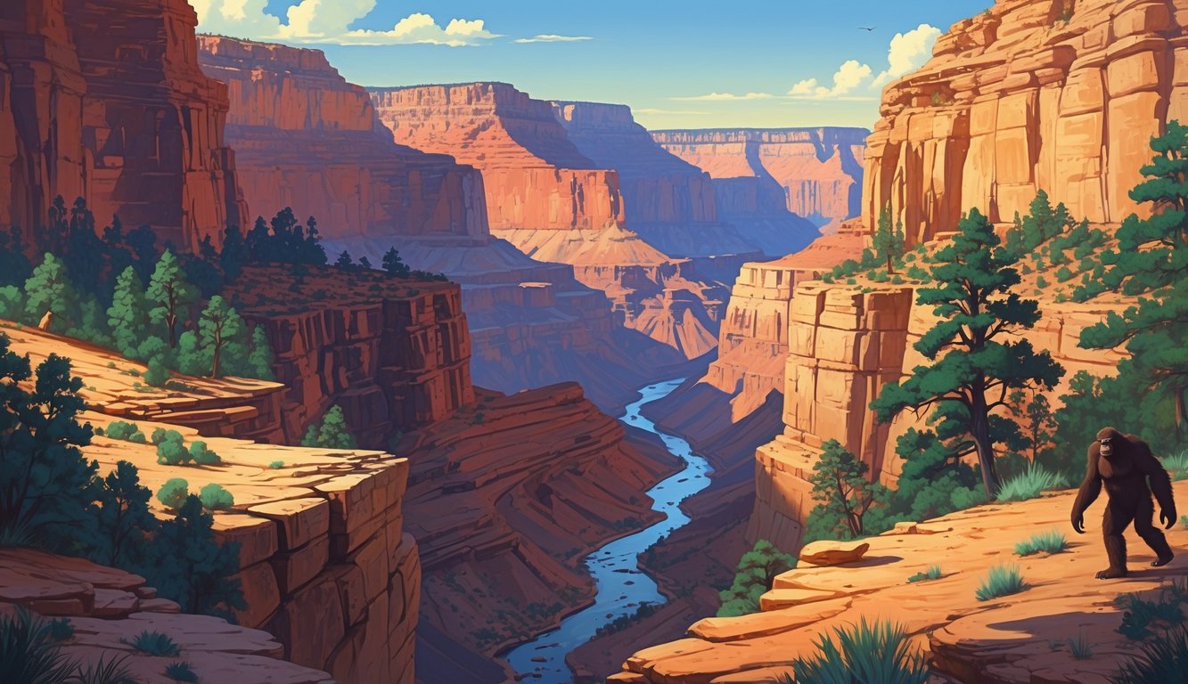 A detailed view of the Grand Canyon's rocky cliffs, pine trees, and a river at the bottom, with faint footprints and shadowy large figures hidden among the terrain.