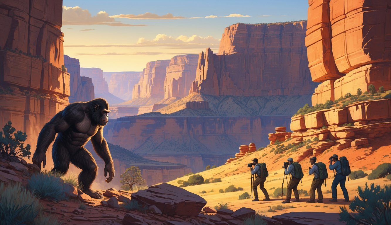 A large ape-like creature partially hidden among rocks in the Grand Canyon while explorers observe nearby in a rugged canyon landscape.
