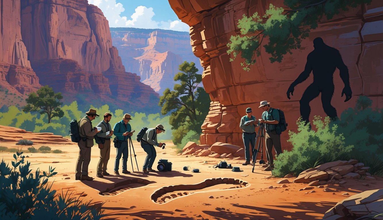 Scientists examining large footprints in the Grand Canyon with rock formations and a shadowy figure in the background.