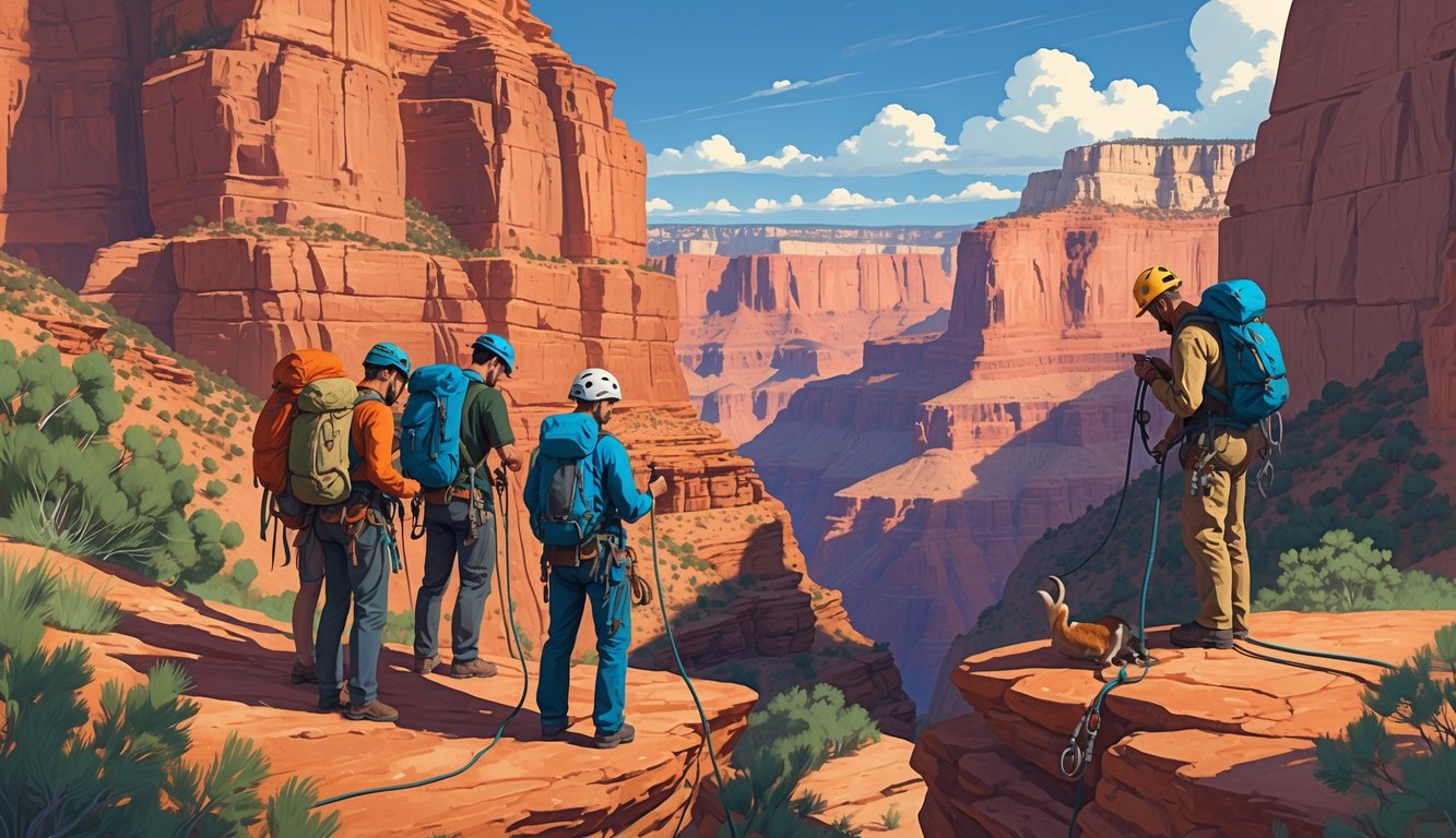 A group of explorers in outdoor gear preparing their equipment near a large canyon with red rock formations and desert plants.