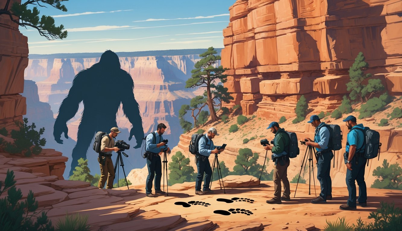A group of investigators examining large footprints in the Grand Canyon with a shadowy Bigfoot figure hidden among the trees and rocks in the background.