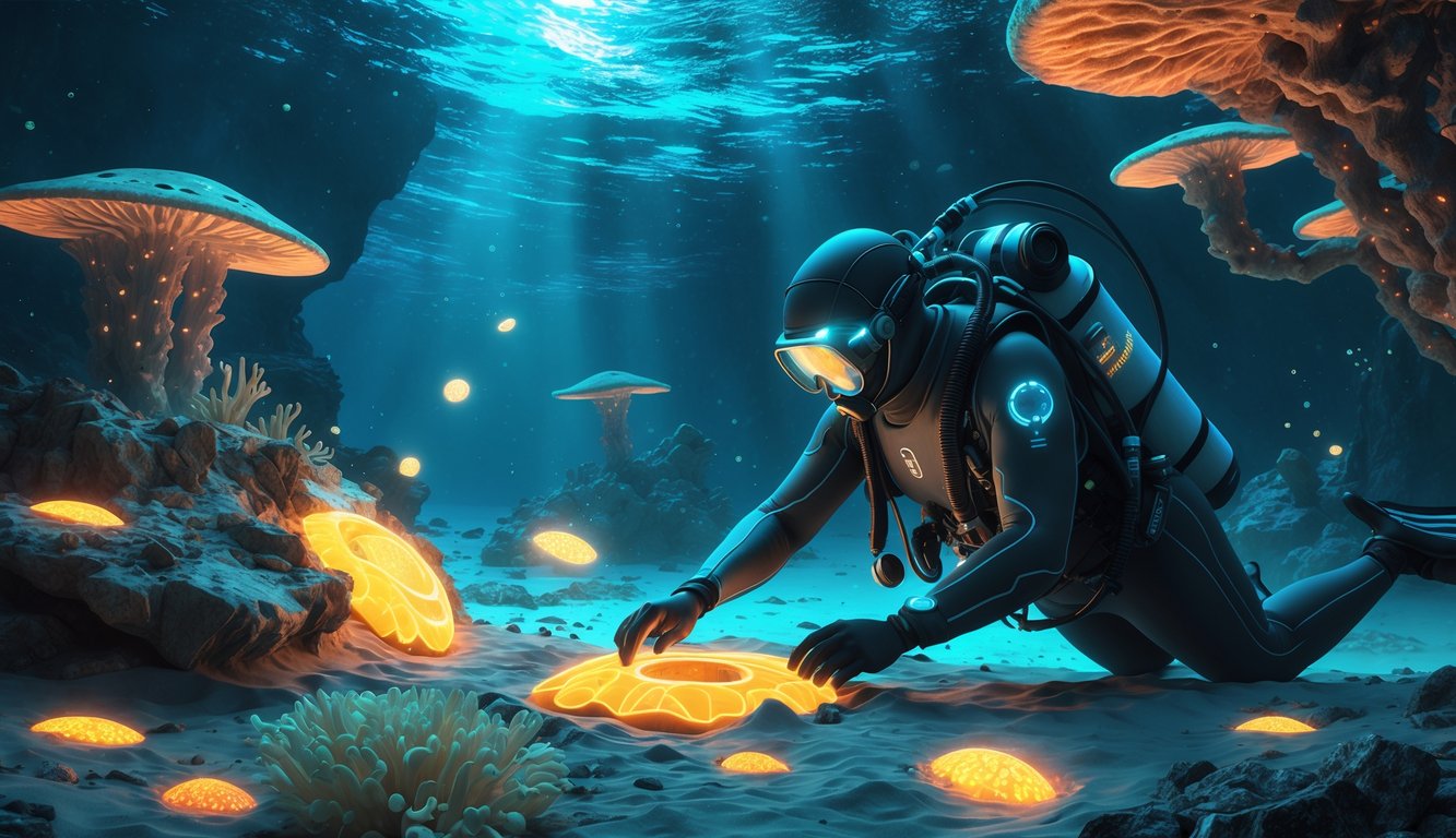 A diver in advanced gear explores a glowing alien underwater environment with strange marine life and unusual coral formations.